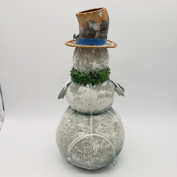 Metal Christmas Smiling Snowman Holding Wreath Bird on Hat Votive Candle Decor - Picture 2 of 11